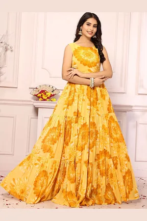 CHANSI Sunflower Printed Georgette Sleeveless Tiered Gown