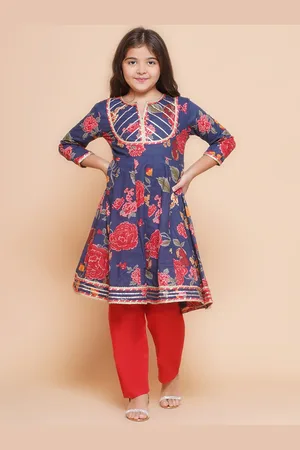 Bhama Girls Floral Printed Gotta Patti Pure Cotton Anarkali Kurta With Palazzos