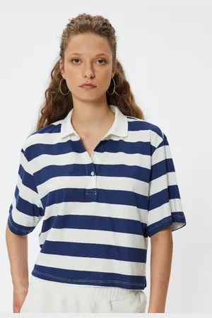 Koton Women Striped Polo Collar Cotton Oversized T-Shirt