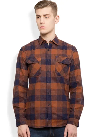 LocoMotive Men Khaki & Navy Slim Fit Checked Casual Shirt