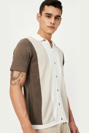 Max Collection Men Striped Mandarin Collar Pockets T-shirt