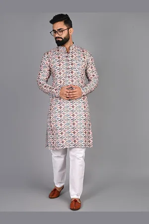 FUBAR Selection Of 2 Printed Mandarin Collar Knitted Weave Pure Cotton Straight Kurtas