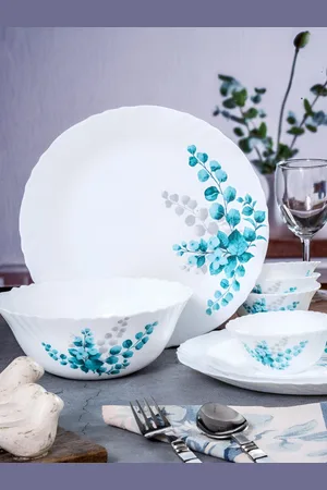 Cello White & Blue 13 Pieces Floral Printed Glossy Opalware Dinner Set