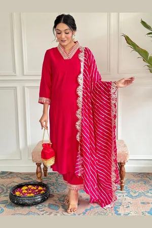 Lilots Floral Embroidered Thread Work Chanderi Silk Kurta With Palazzos & Dupatta