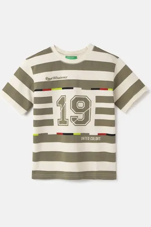Benetton Boys Striped Pure Cotton Applique T-shirt