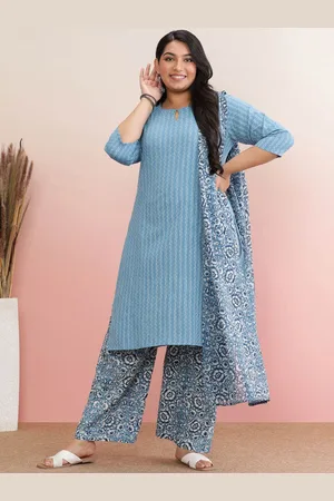 anayna Plus Size Geometric Printed Pure Cotton Straight Kurta with Trousers & Dupatta