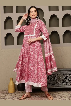 Bandia Floral Printed Round Neck Pure Cotton Anarkali Kurta With Trousers & Dupatta