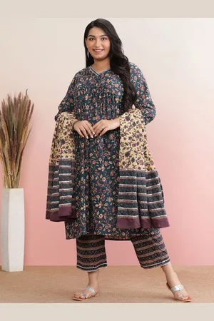 anayna Plus Size Floral Printed Empire Pure Cotton Anarkali Kurta With Trousers & Dupatta