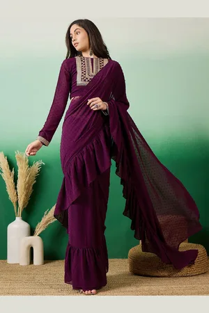 Sangria Women Wine Polka Dots Embroidered Self Design Ruffle Saree with Embroidered Blouse Piece