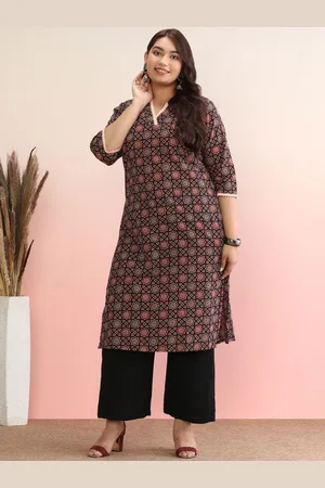 anayna Plus Size Geometric Printed V-Neck Pure Cotton Straight Kurta