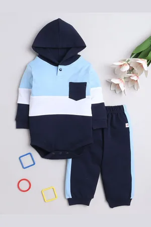 BUMZEE Infants Boys Colourblocked Hooded Pure Cotton Bodysuit & Joggers