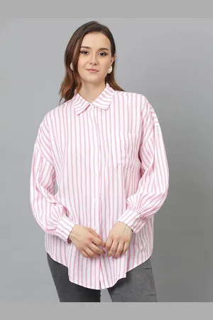 KOTTY Women Spread Collar Vertical Striped Cotton Oversized Casual Shirt