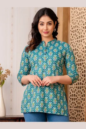 Celebravo Floral Print Mandarin Collar Roll-Up Sleeves Cotton Shirt Style Top
