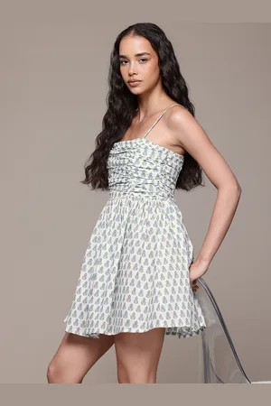 Roadster Floral Print Pure Cotton Smocked Fit & Flare Mini Dress