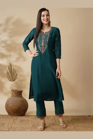 Globus Floral Yoke Design Zari Embroidered Regular Kurta with Trousers