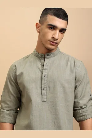 Highlander Men Solid Mandarin Collar Half Placket Roll-Up Sleeve Casual Regular Fit Shirt