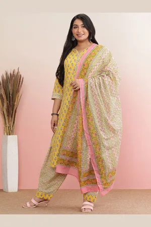 anayna Plus Size Ethnic Motifs Printed Straight Pure Cotton Kurta with Trousers & Dupatta