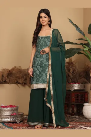 Varanga Bandhani Gotta Patti Kurta with Sharara & Fringed Dupatta.