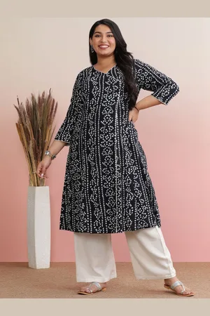 anayna Plus Size Geometric Printed V-Neck Angrakha Pure Cotton A-Line Kurta