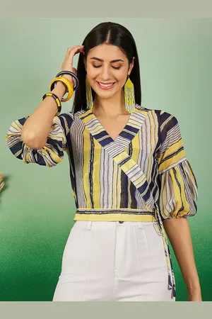 all about you Striped Puff Sleeve Georgette Crop Top