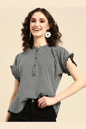 all about you Women Checked Monochrome Mandarin Collar Top