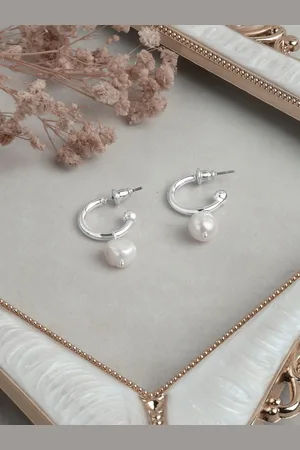 Accessorize London Women Silver Plated Chunky Pearl Drop Hoop Earrings