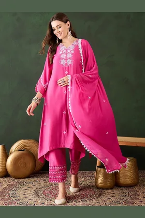 Sangria Pink Floral Embroidered V-Neck A-Line Kurta & Trousers With Dupatta
