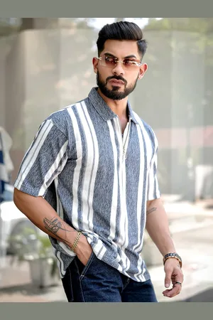 Maniac Men Striped Polo Collar T-shirt