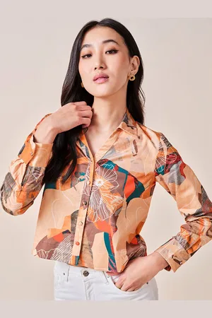 AND Abstract Printed Cuffed Sleeves Cotton Shirt Style Top