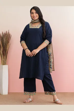 anayna Plus Size Striped Puffed Sleeves Pure Cotton Straight Kurta With Trousers & Dupatta