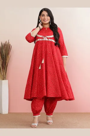 anayna Plus Size Bandhani Printed Gotta Patti Pure Cotton Anarkali Kurta with Salwar
