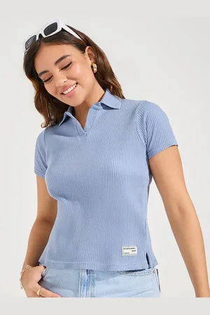 Styli Women Solid Polo Collar Cotton T-Shirt