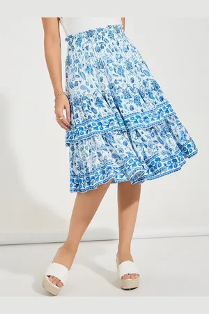 Styli Smocked Printed A-Line Knee Length Skirt