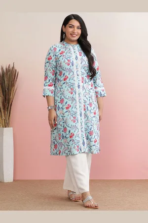 anayna Plus Size Floral Printed Mandarin Collar Pure Cotton Straight Kurta