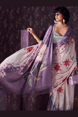 Tikhi Imli Floral Satin Mauve and white Saree
