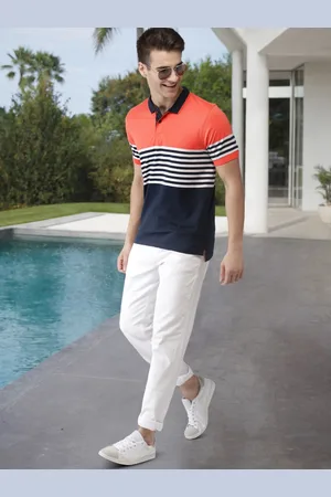 Mast & Harbour Men Coral Orange & Navy Blue Striped Polo Collar T-shirt