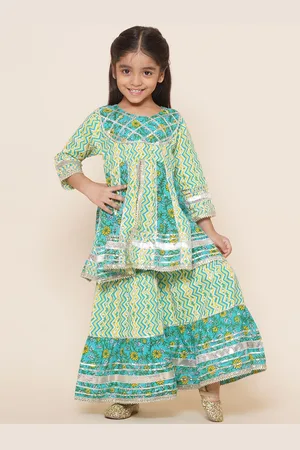 AJ DEZINES Girls Ethnic Printed Empire Gotta Patti Pure Cotton Anarkali Kurta With Sharara