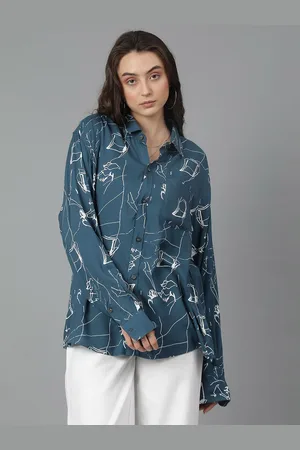 KOTTY Women Spread Collar Abstract Printed Cotton Oversized Casual Shirt