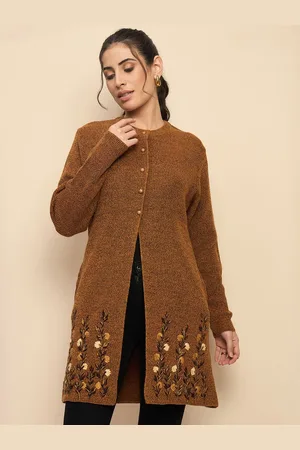 CLAPTON Women Embroidered Woollen Longline Cardigan with Embroidered Detail