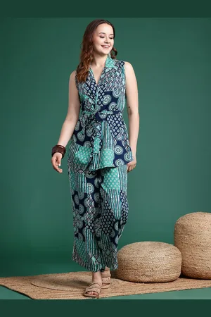 Sangria Waist Tie-Up Sleeveless Printed Co-Ords