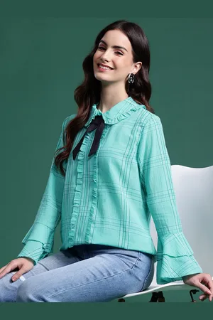 DressBerry Checked Bell Sleeve Ruffles Shirt Style Top