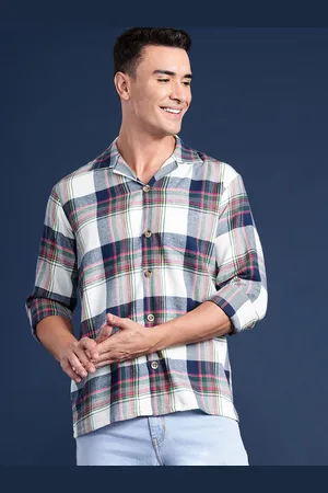 HANCOCK Men Checked Cuban Collar Relaxed Fit Pure Cotton Casual Shacket