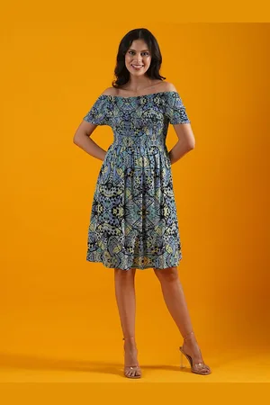 Globus Black Printed Smocked Off-Shoulder Fit & Flare Dress