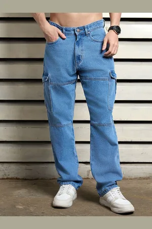 High Star Men Pure Cotton Mid-Rise Straight Fit Low Distress Light Fade Cargo Styles Jeans