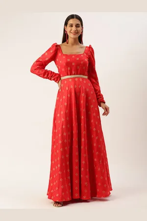Ethnovog Printed Square Neck Puff Sleeves Belted Maxi Dress