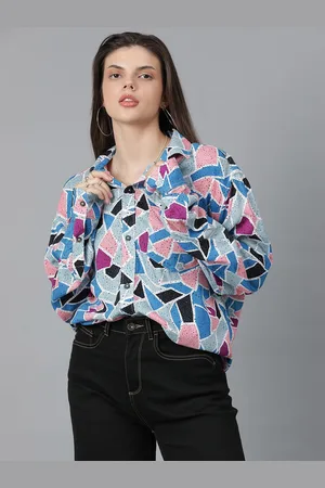 KOTTY Women Spread Collar Abstract Printed Cotton Oversized Casual Shirt