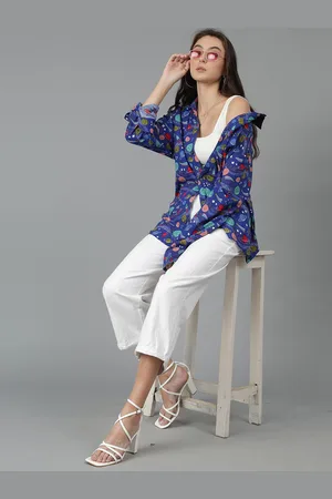 KOTTY Women Spread Collar Abstract Printed Cotton Oversized Casual Shirt