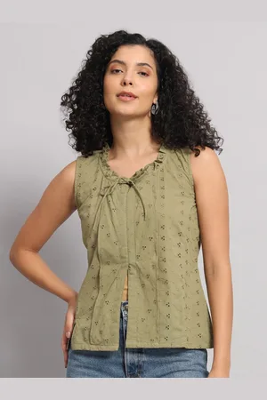 Mast & Harbour Olive Green Tie-Up Neck Schiffli Sleeveless Cotton Top