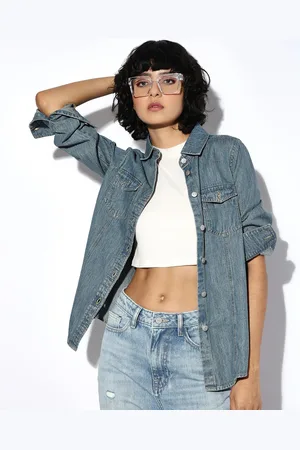 ONLY Women Spread Collar Solid Denim Casual Shirt