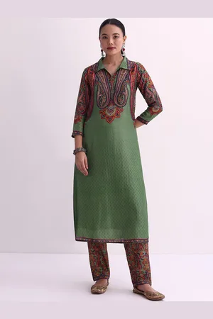 KALKI Fashion Paisley Printed Sequinned Shirt Collar Kurta with Trousers